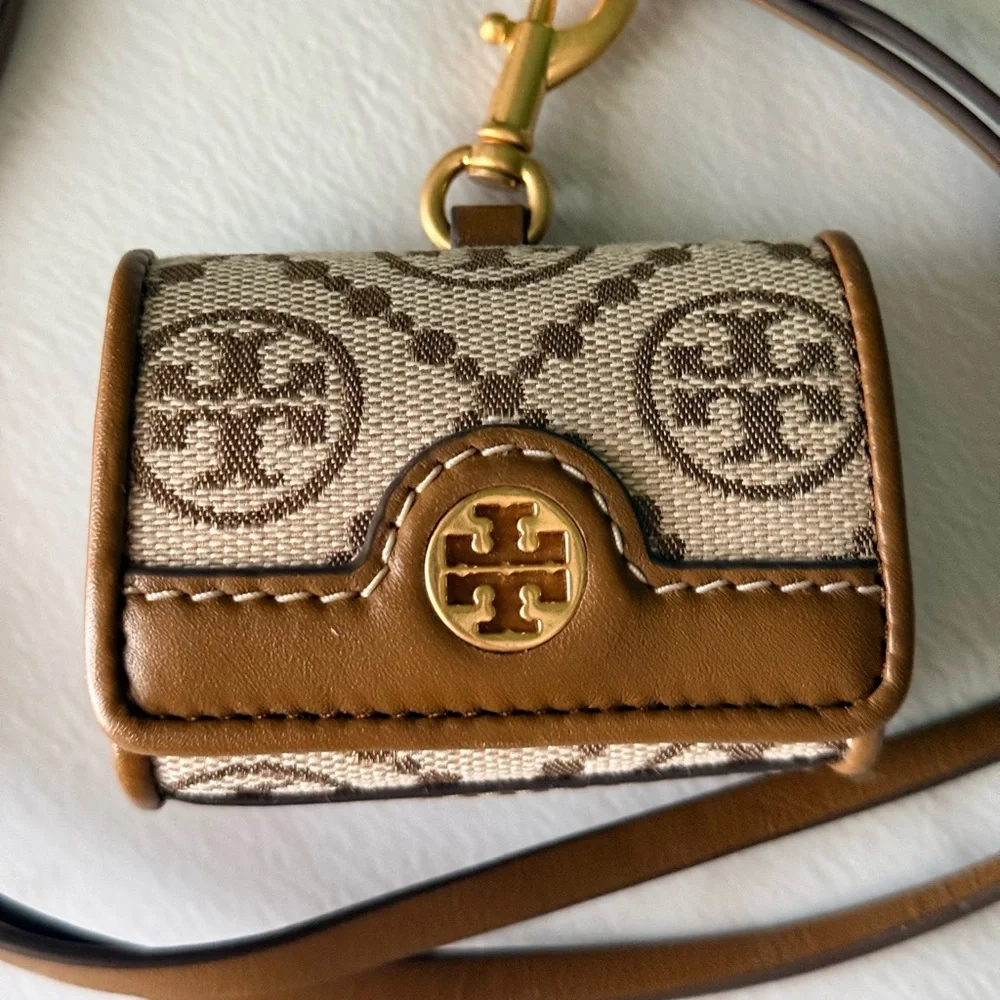 Tory Burch Tan Logo AirPod Holder Bag Charm on Strap